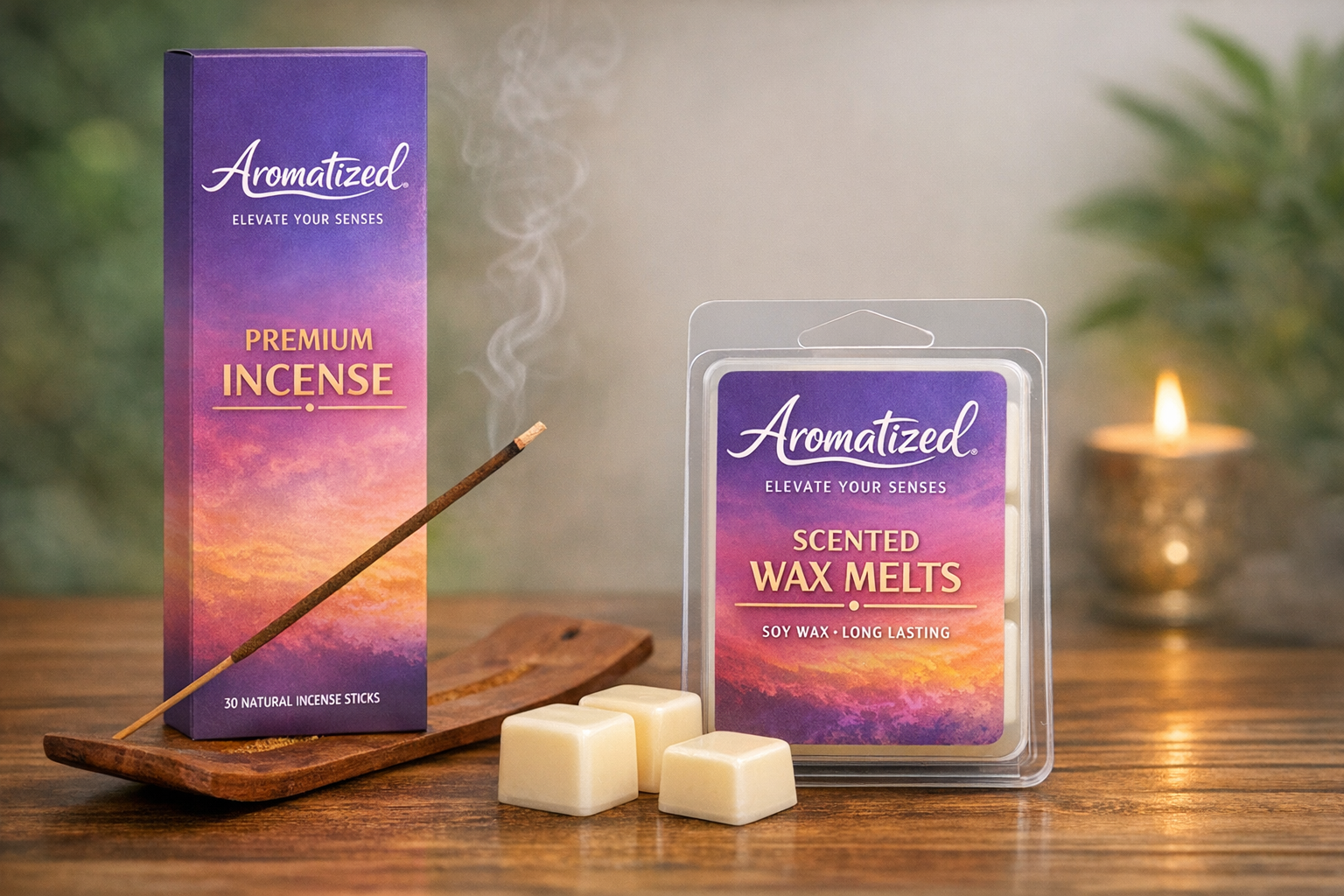 Aromatized incense packaging and wax melts on a wooden surface with a blurred background